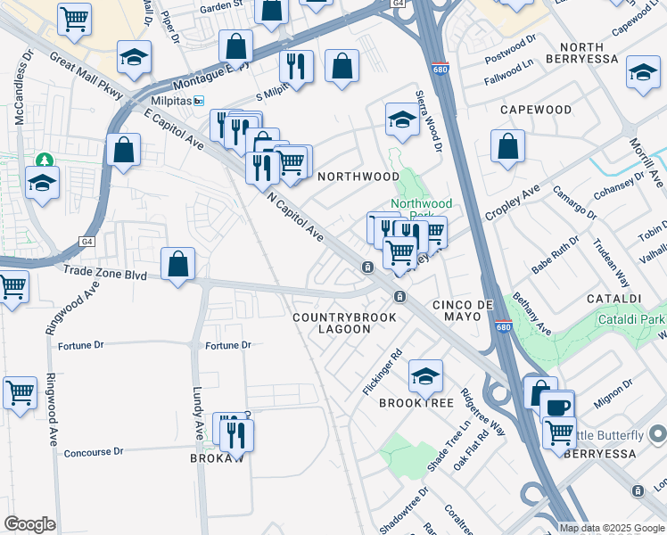 map of restaurants, bars, coffee shops, grocery stores, and more near 2200 Beech Circle in San Jose