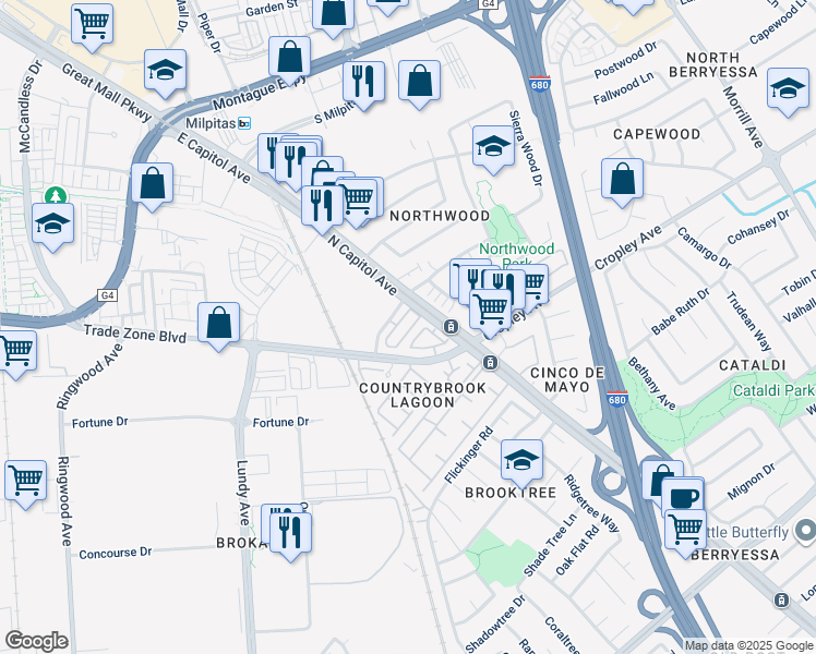 map of restaurants, bars, coffee shops, grocery stores, and more near 2200 Beech Circle in San Jose