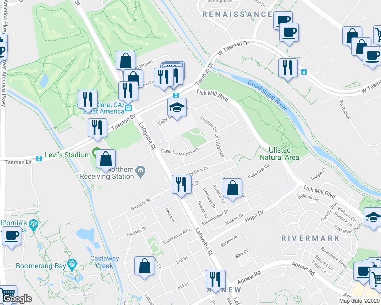 map of restaurants, bars, coffee shops, grocery stores, and more near 2098 Calle De Primavera in Santa Clara