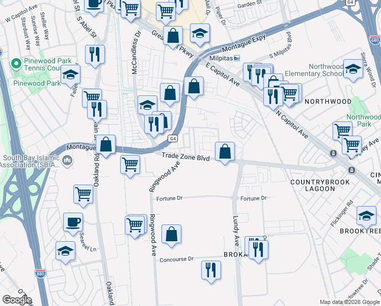 map of restaurants, bars, coffee shops, grocery stores, and more near 1986 Momentum Drive in Milpitas