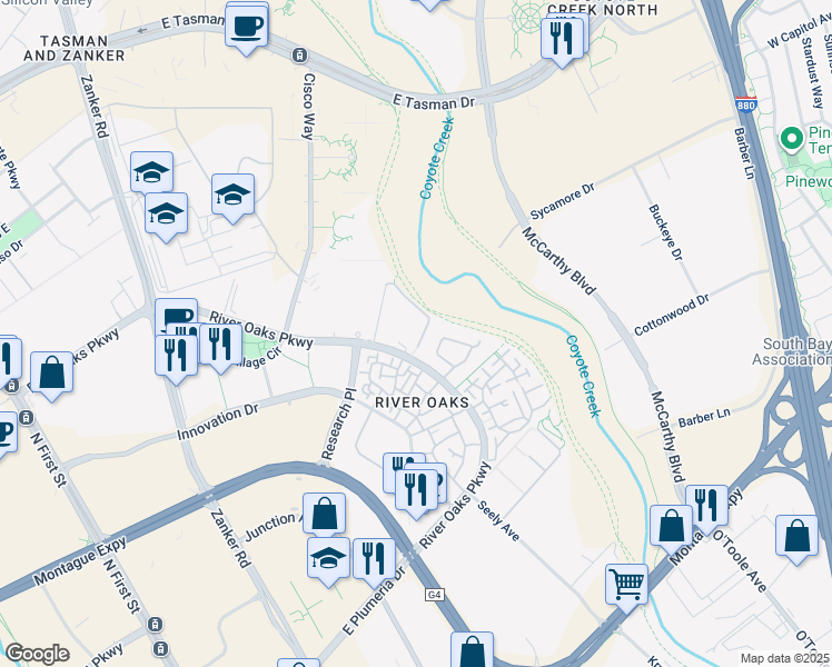 map of restaurants, bars, coffee shops, grocery stores, and more near 405 River Oaks Parkway in San Jose
