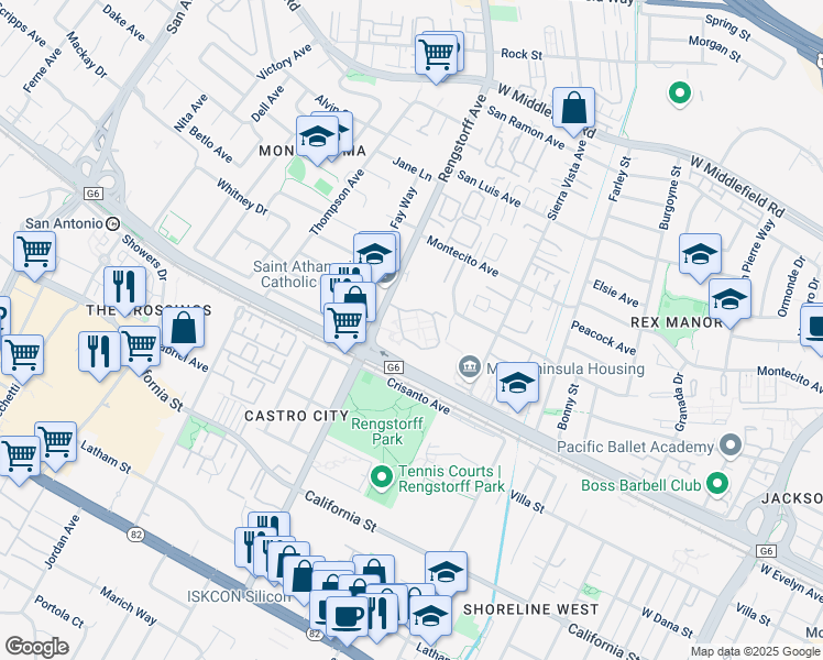 map of restaurants, bars, coffee shops, grocery stores, and more near 111 North Rengstorff Avenue in Mountain View