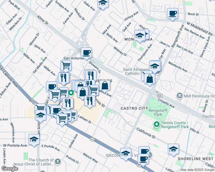 map of restaurants, bars, coffee shops, grocery stores, and more near 49 Showers Drive in Mountain View