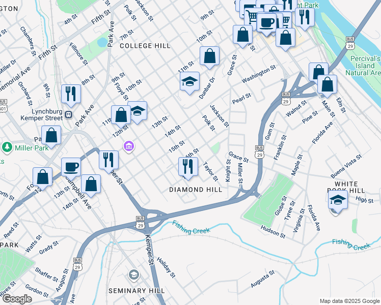 map of restaurants, bars, coffee shops, grocery stores, and more near 1516 Wise Street in Lynchburg