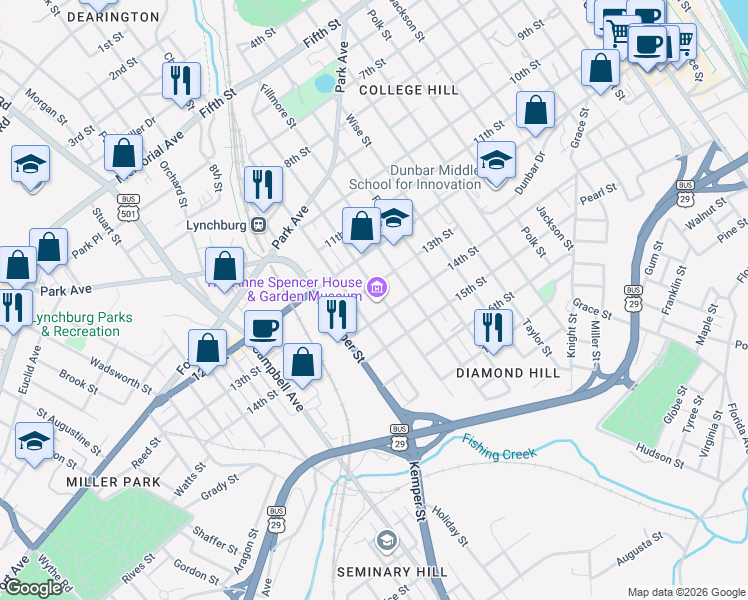 map of restaurants, bars, coffee shops, grocery stores, and more near 1311 Pierce Street in Lynchburg
