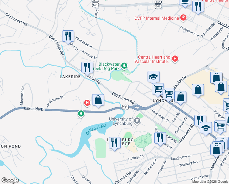 map of restaurants, bars, coffee shops, grocery stores, and more near 807 Old Forest Road in Lynchburg