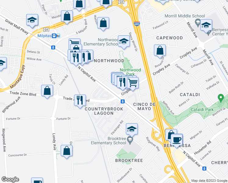 map of restaurants, bars, coffee shops, grocery stores, and more near 1910 North Capitol Avenue in San Jose
