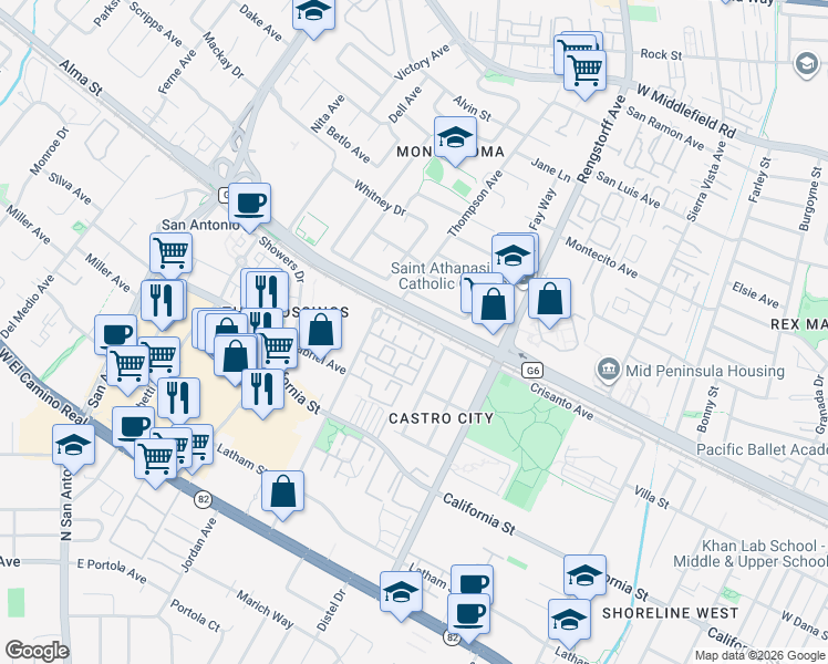 map of restaurants, bars, coffee shops, grocery stores, and more near 2272 Towne Circle in Mountain View