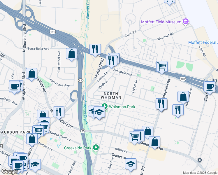 map of restaurants, bars, coffee shops, grocery stores, and more near 763 Roslyn Circle in Mountain View