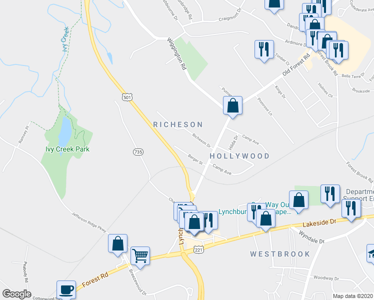 map of restaurants, bars, coffee shops, grocery stores, and more near 114 Berger Street in Lynchburg