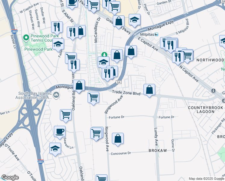 map of restaurants, bars, coffee shops, grocery stores, and more near 779 Trade Zone Boulevard in Milpitas