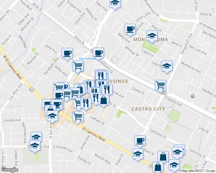 map of restaurants, bars, coffee shops, grocery stores, and more near 119 Concord Circle in Mountain View