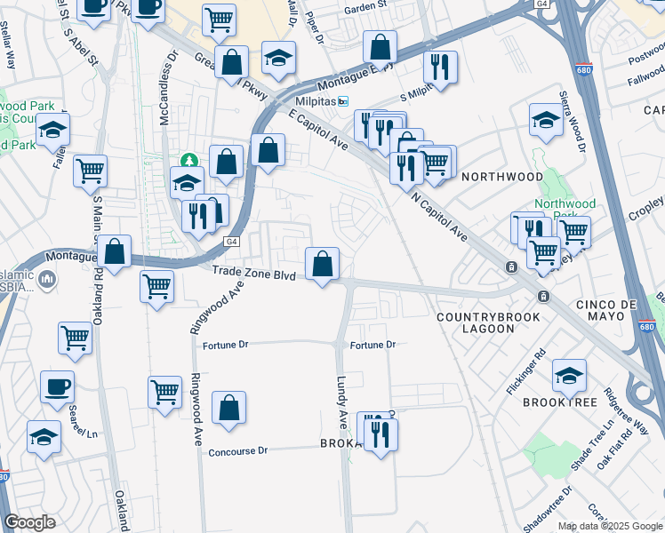 map of restaurants, bars, coffee shops, grocery stores, and more near 1879 Passage Street in Milpitas