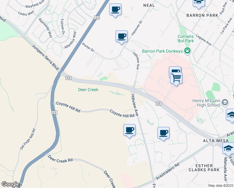 map of restaurants, bars, coffee shops, grocery stores, and more near 3400 Hillview Avenue in Palo Alto