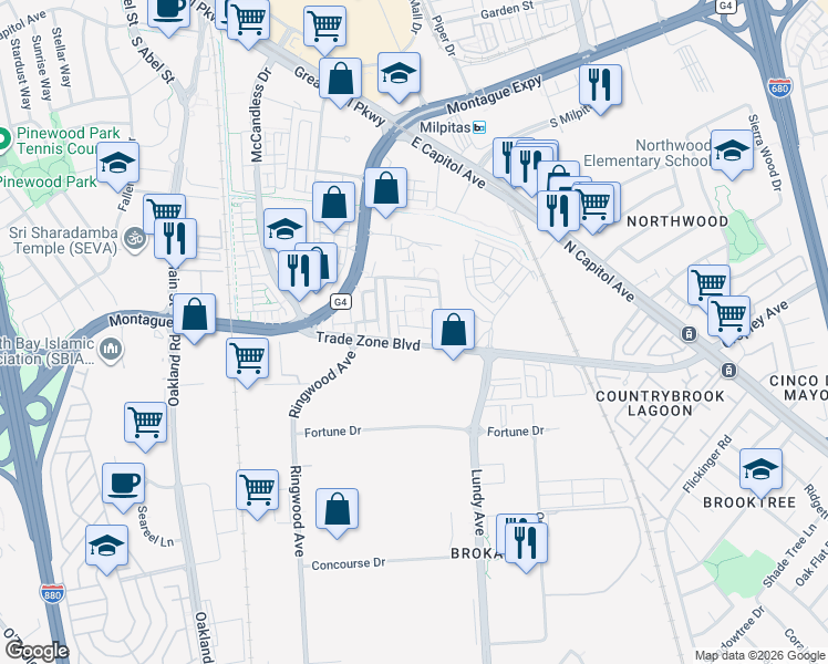 map of restaurants, bars, coffee shops, grocery stores, and more near 2023 Trento Loop in Milpitas