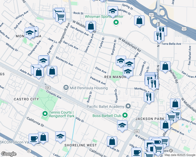 map of restaurants, bars, coffee shops, grocery stores, and more near 1848 Peacock Avenue in Mountain View