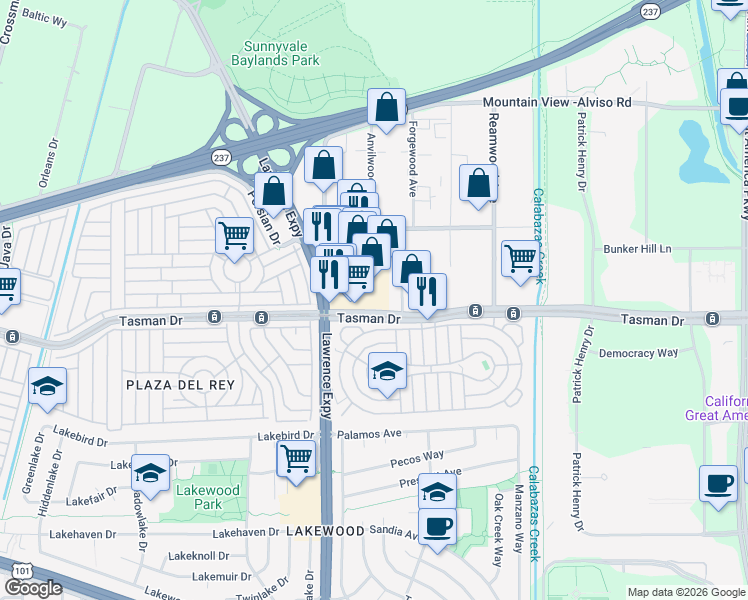 map of restaurants, bars, coffee shops, grocery stores, and more near 1155 Tasman Drive in Sunnyvale