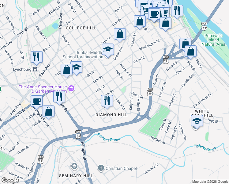 map of restaurants, bars, coffee shops, grocery stores, and more near 1114 16th Street in Lynchburg