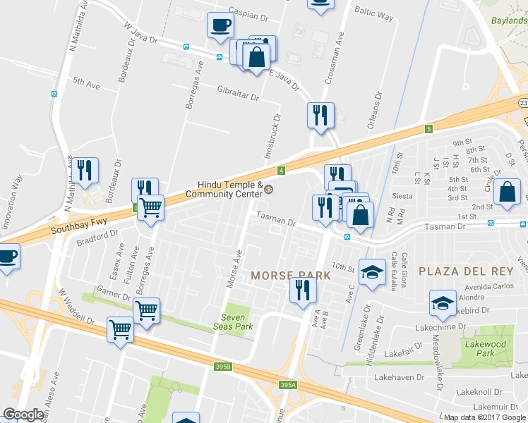 map of restaurants, bars, coffee shops, grocery stores, and more near 1185 Glin Terrace in Sunnyvale