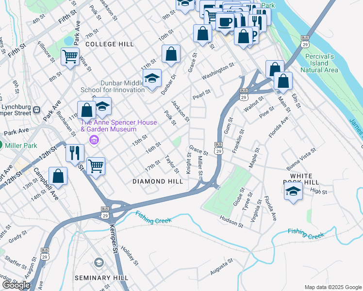 map of restaurants, bars, coffee shops, grocery stores, and more near 1010 17th Street in Lynchburg