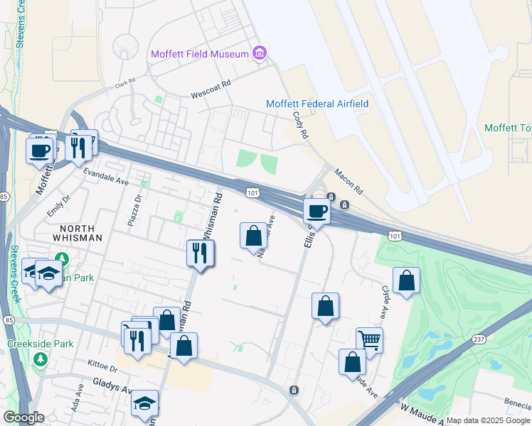 map of restaurants, bars, coffee shops, grocery stores, and more near 333 Fairchild Drive in Mountain View