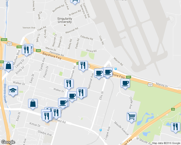 map of restaurants, bars, coffee shops, grocery stores, and more near 333 Fairchild Drive in Mountain View