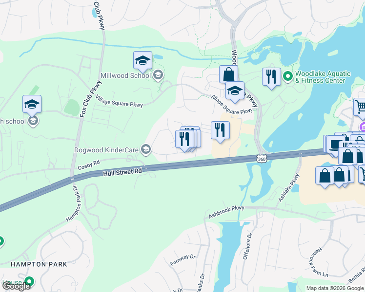 map of restaurants, bars, coffee shops, grocery stores, and more near 7331 Cornus Avenue in Chesterfield