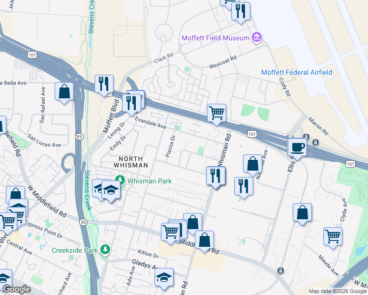 map of restaurants, bars, coffee shops, grocery stores, and more near 530 Devonshire Court in Mountain View