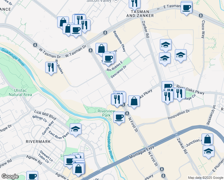 map of restaurants, bars, coffee shops, grocery stores, and more near 3475 North First Street in San Jose