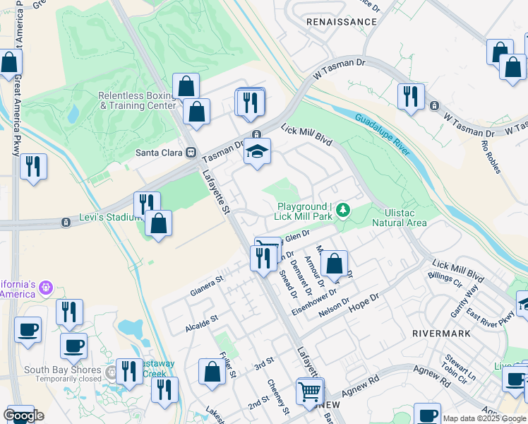 map of restaurants, bars, coffee shops, grocery stores, and more near 2131 Calle De Primavera in Santa Clara