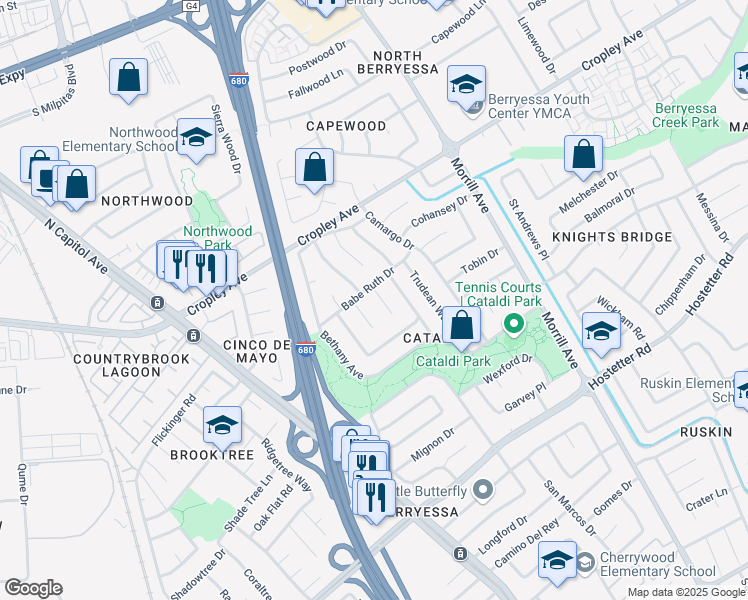 map of restaurants, bars, coffee shops, grocery stores, and more near 1831 Mayall Court in San Jose