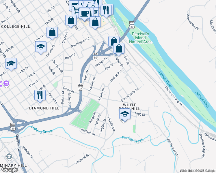 map of restaurants, bars, coffee shops, grocery stores, and more near 1998 Union Street in Lynchburg
