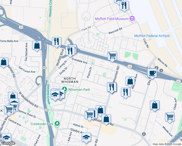 map of restaurants, bars, coffee shops, grocery stores, and more near 531 Piazza Drive in Mountain View