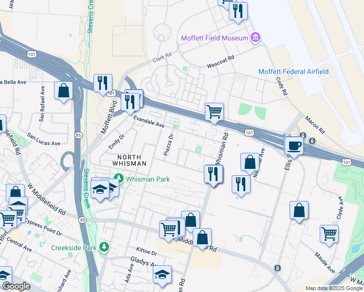 map of restaurants, bars, coffee shops, grocery stores, and more near 530 Devonshire Court in Mountain View