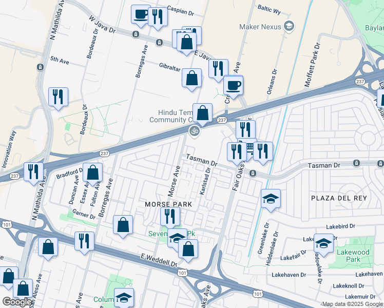 map of restaurants, bars, coffee shops, grocery stores, and more near 1187 Glin Terrace in Sunnyvale