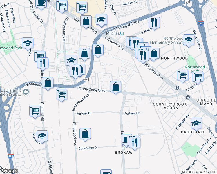 map of restaurants, bars, coffee shops, grocery stores, and more near 2023 Trento Loop in Milpitas