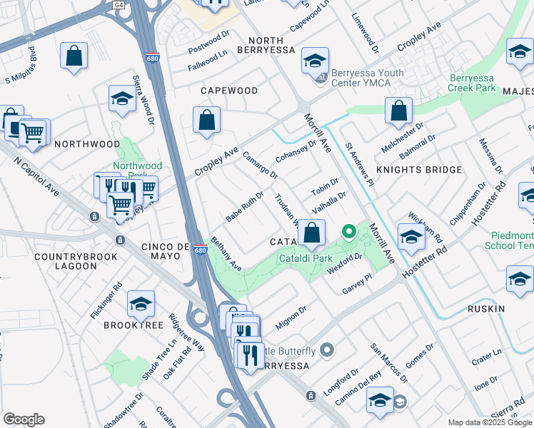map of restaurants, bars, coffee shops, grocery stores, and more near 1808 Daltrey Way in San Jose