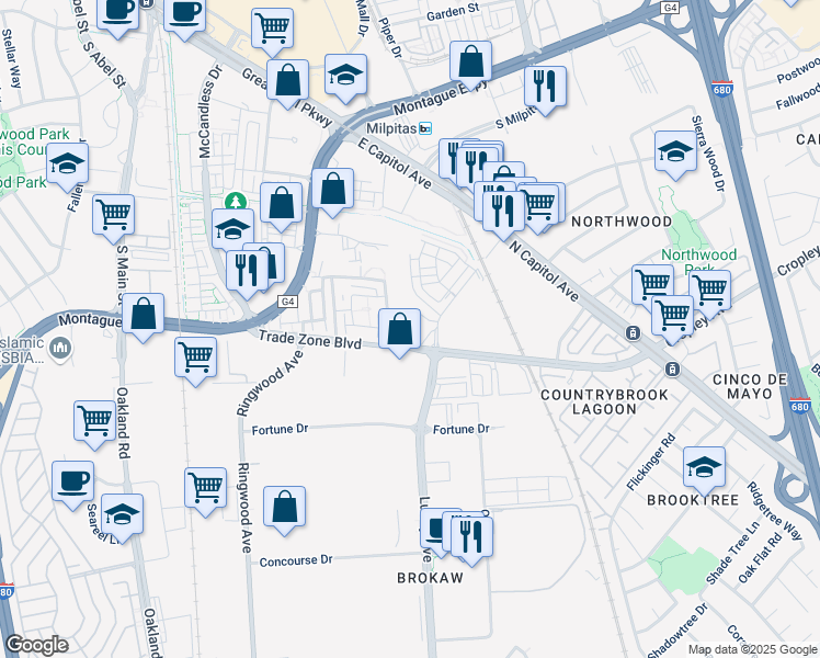 map of restaurants, bars, coffee shops, grocery stores, and more near 675 Trade Zone Blvd in Milpitas