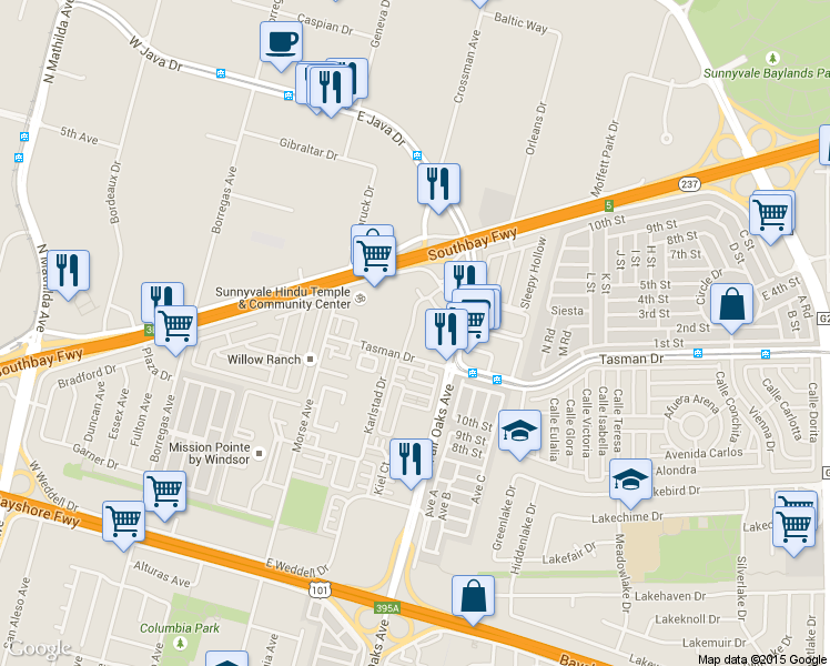 map of restaurants, bars, coffee shops, grocery stores, and more near 1156 La Rochelle Terrace in Sunnyvale