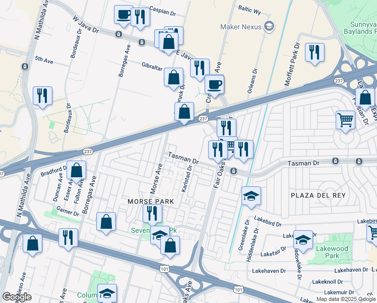 map of restaurants, bars, coffee shops, grocery stores, and more near 425 Tasman Drive in Sunnyvale