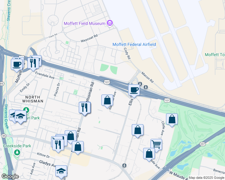 map of restaurants, bars, coffee shops, grocery stores, and more near 411 National Avenue in Mountain View