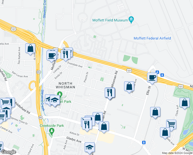 map of restaurants, bars, coffee shops, grocery stores, and more near 58A Devonshire Avenue in Mountain View