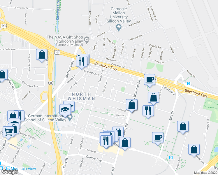 map of restaurants, bars, coffee shops, grocery stores, and more near 564 Annie Laurie Street in Mountain View