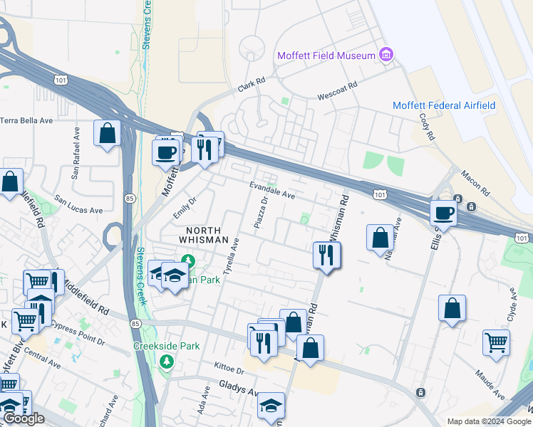 map of restaurants, bars, coffee shops, grocery stores, and more near 564 Annie Laurie Street in Mountain View