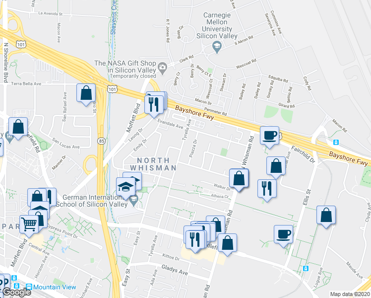 map of restaurants, bars, coffee shops, grocery stores, and more near 527 Tyrella Avenue in Mountain View