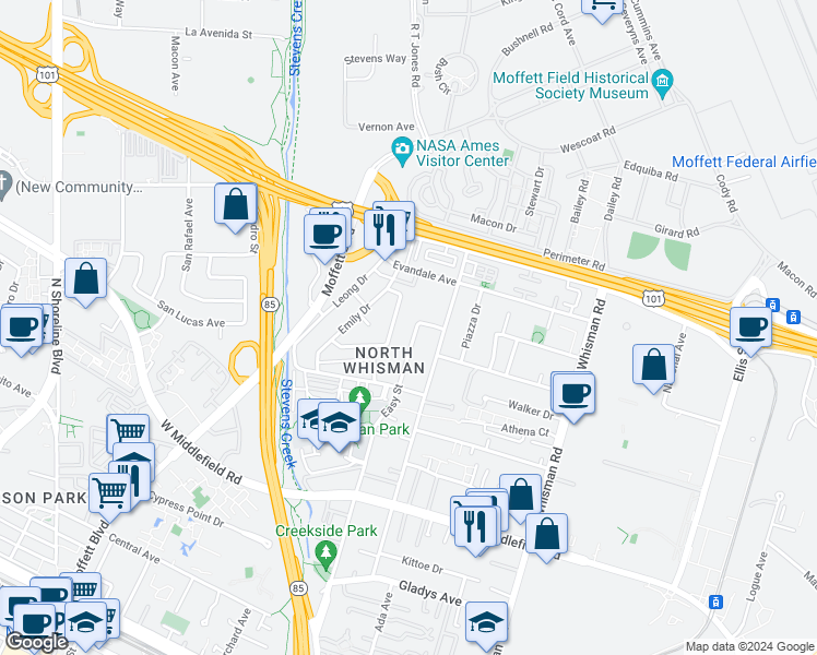 map of restaurants, bars, coffee shops, grocery stores, and more near 536 Easy Street in Mountain View