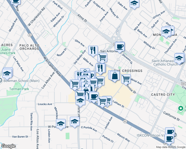 map of restaurants, bars, coffee shops, grocery stores, and more near 450 San Antonio Road in Mountain View