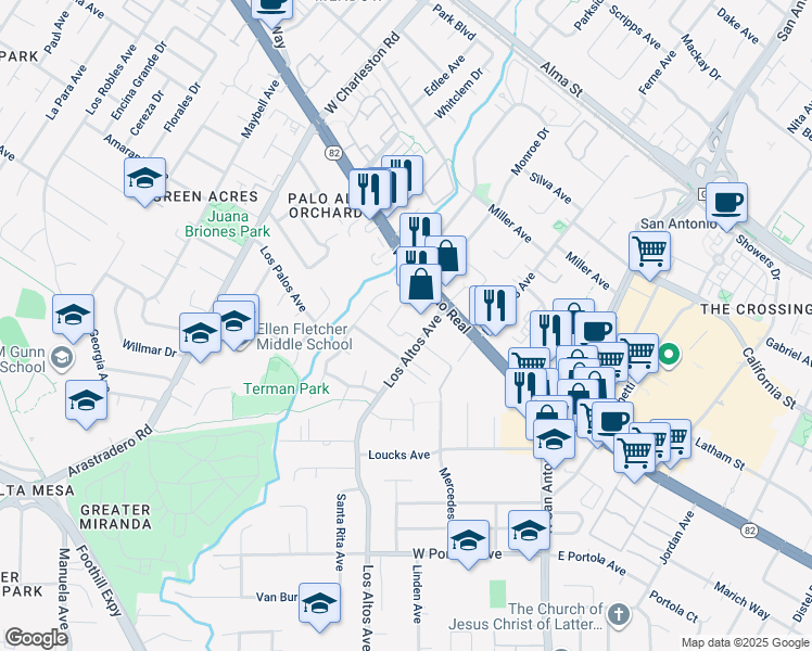 map of restaurants, bars, coffee shops, grocery stores, and more near 1160 Los Altos Avenue in Los Altos