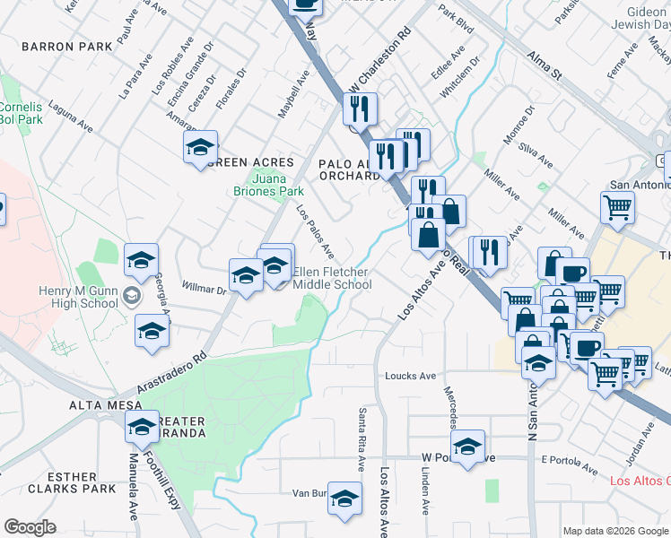 map of restaurants, bars, coffee shops, grocery stores, and more near 632 Glenbrook Drive in Palo Alto