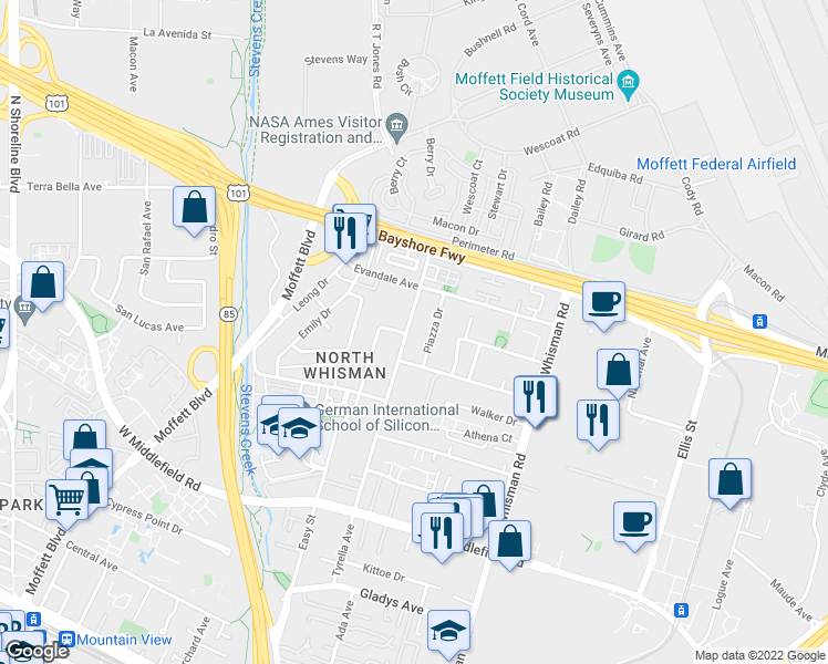 map of restaurants, bars, coffee shops, grocery stores, and more near 527 Tyrella Avenue in Mountain View